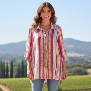 Napa Valley‎ Linen Blend Button Up Shirt Women XL White Pink Stripe Embroidery